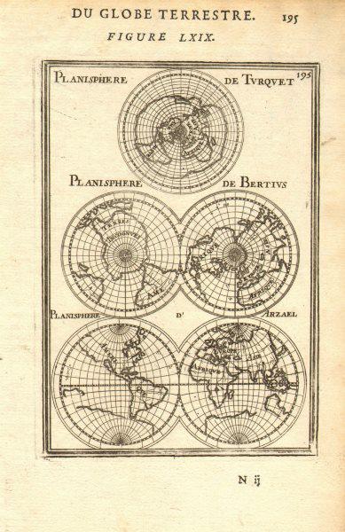 WORLD PLANISPHERE. Turquet Bertius Arzael. California island. MALLET 1683 map: TITLE OF THE MAP: 'Planisphere de Turquet; Planisphere de Bertius; Planisphere d'Arzael' (Du Globe Terrestre) 5 hemispheres on 1 plate. California appears as an island on the Arzeal projection. Twof t