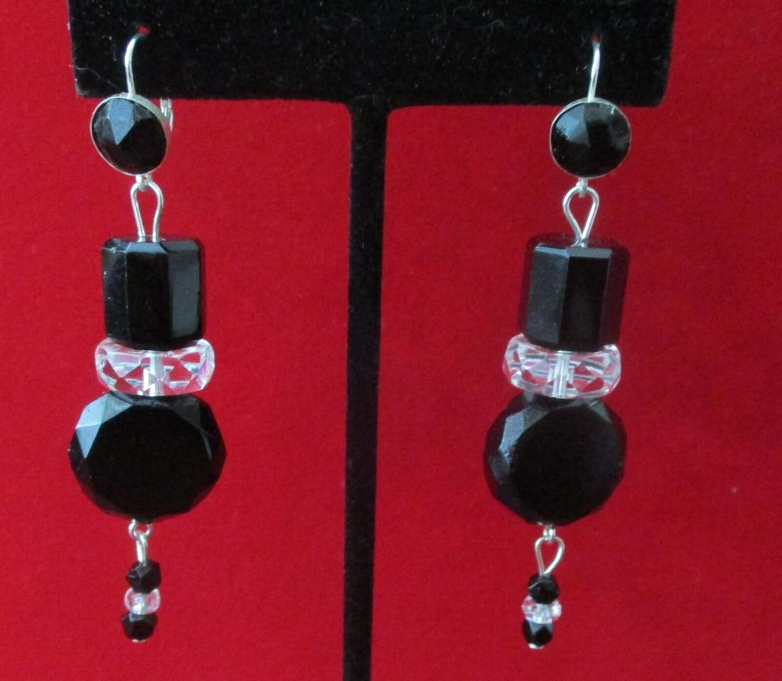 Pair of French Jet & Sterling Silver Earrings: Pair of Sterling Silver French Jet Earrings With Faceted Crystal Rondelles Circa. 1930-1935 American French jet with faceted crystal rondelles. The sterling silver ear wires are new. The earrings are