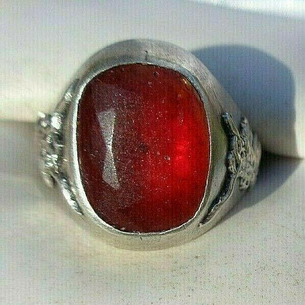 old Chinese sterling silver dragon red stone men's ring size 8 (1 of 4)
