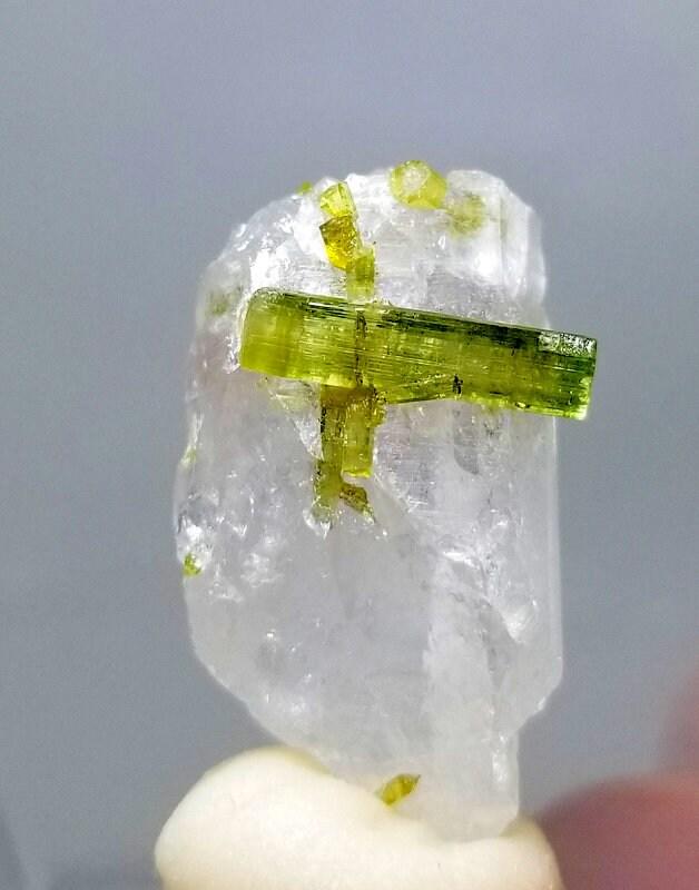 8 Gram lovely Natural undamage Green Tourmaline Crystal With Quartz Specimen From Skardu pakistan: Description 8 Gram lovely Natural undamage Green Tourmaline Crystal With Quartz Specimen From Skardu pakistan size 26mm 13mm 15mm weight 8 Gram Reserve: $20.00 Shipping: Domestic: Flat-rate of $10.0