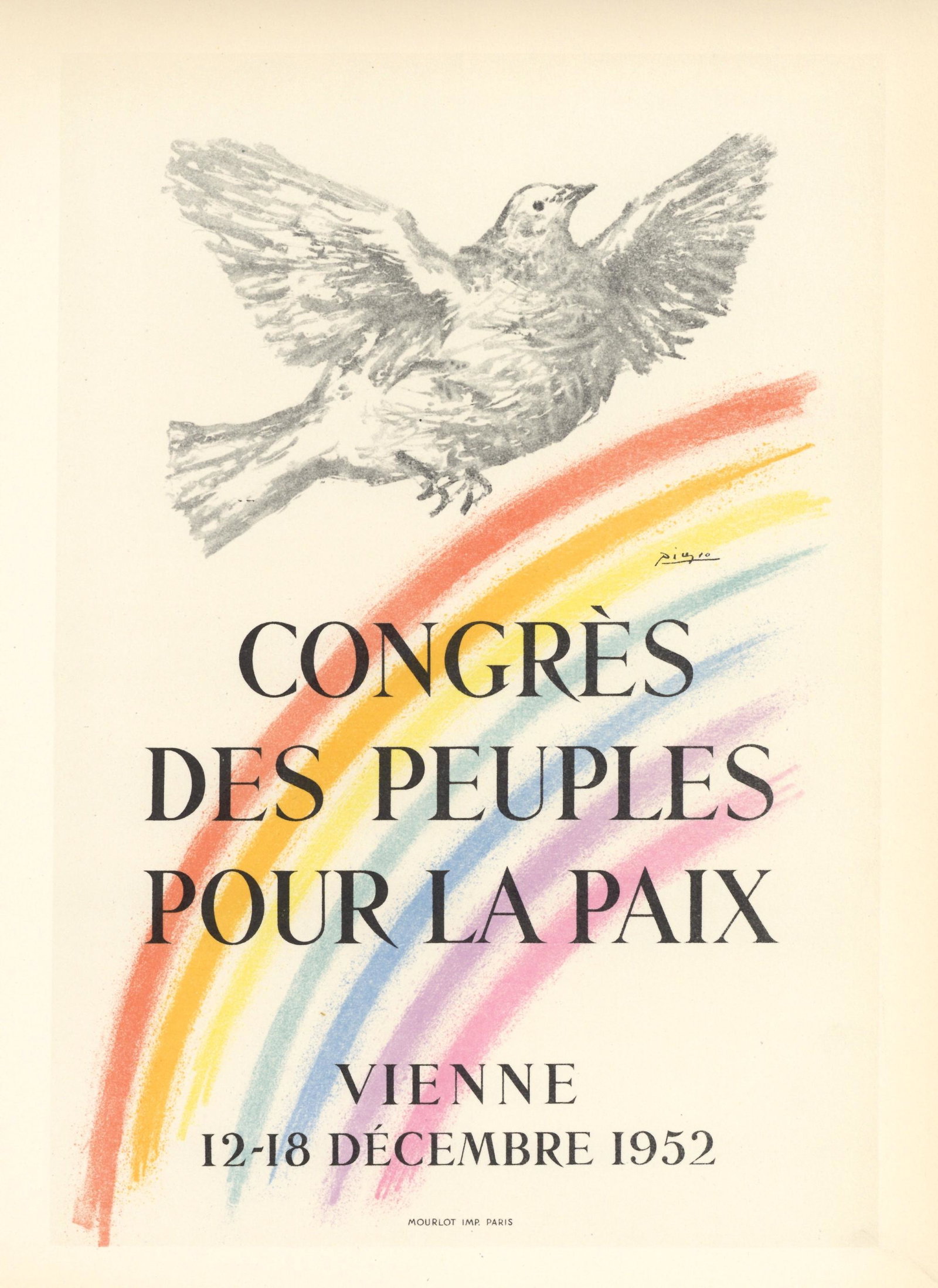 Pablo Picasso lithograph poster "Congress of People for Peace": Medium: lithograph (after the original lithograph poster). During the late 1940's and throughout the 1950's, Picasso created a series of posters at the atelier of Mourlot Freres. The lithograph offere