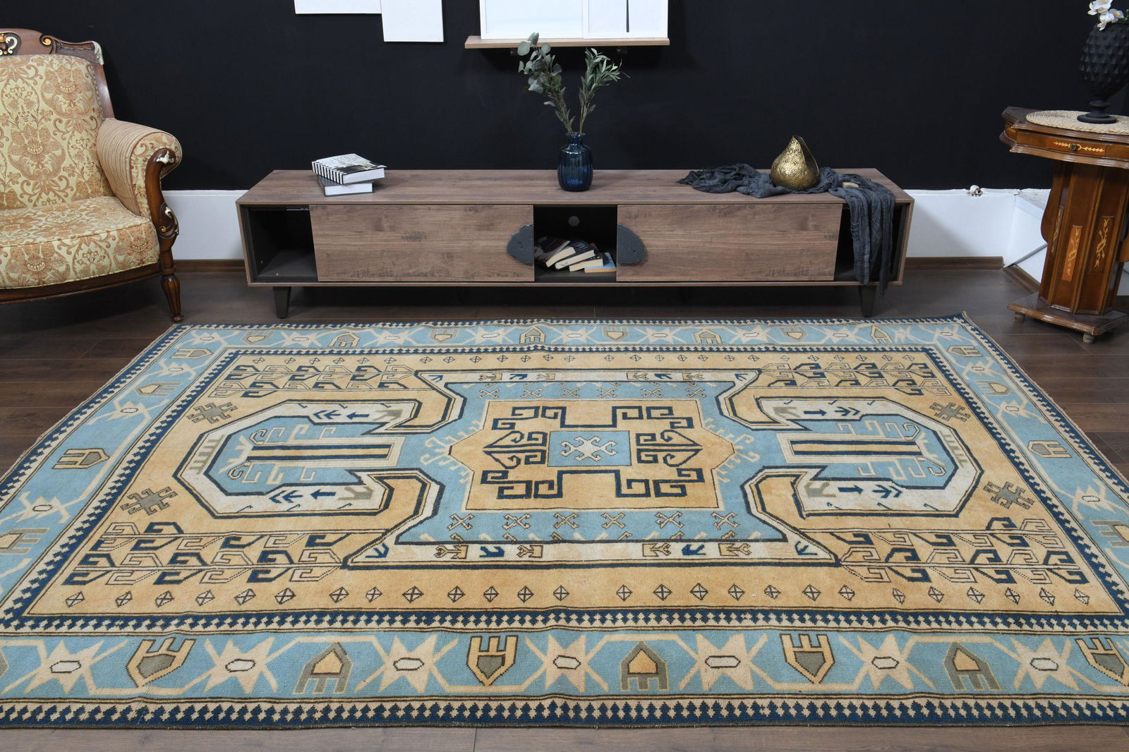 6'9x10 ft, ORANGE BLUE WOOL, Turkish Rug Décor (1 of 9)