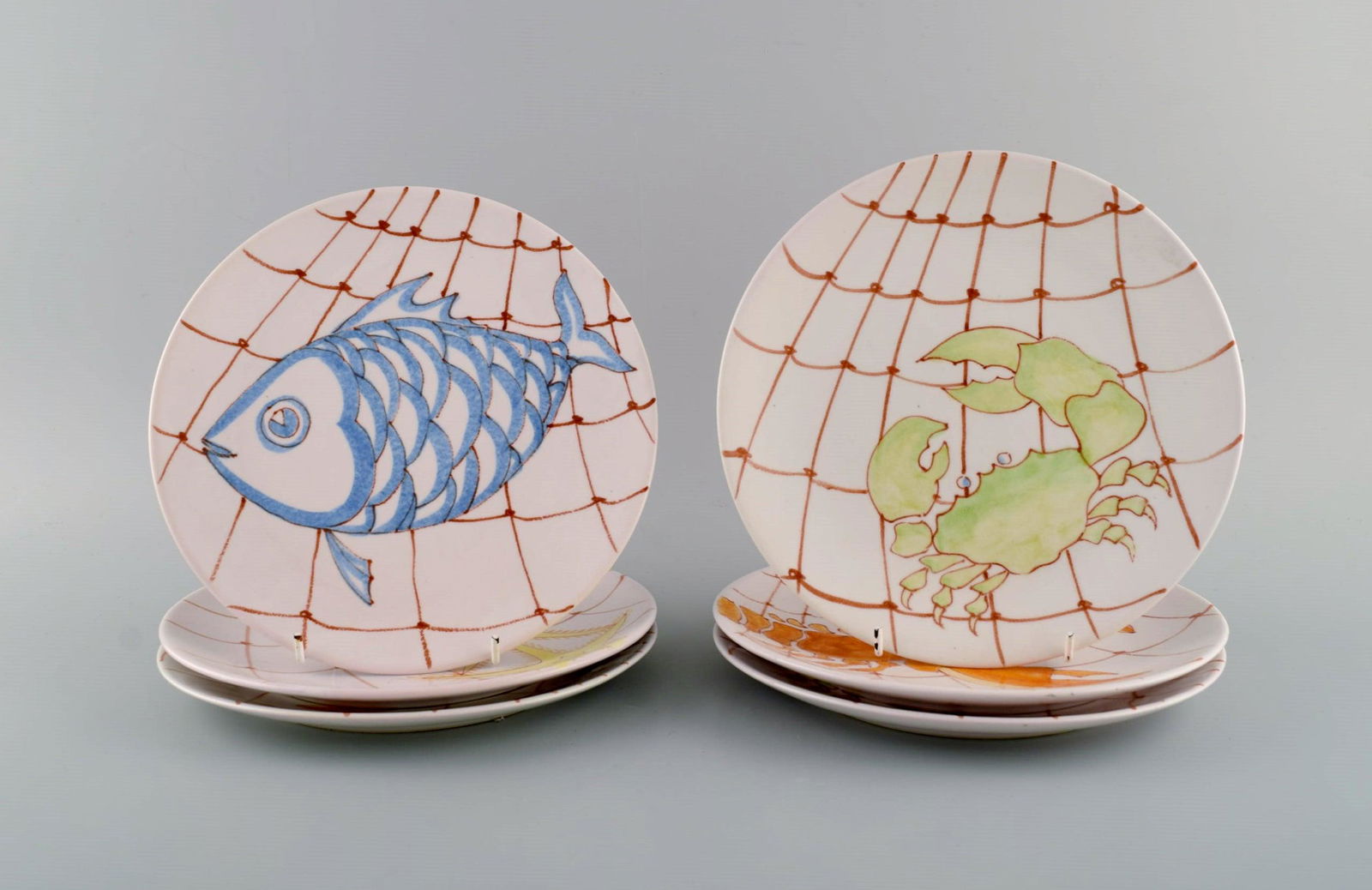 Ernestine, Salerno. Six plates in glazed faience with hand-painted fish and shellfish. Italian (1 of 5)