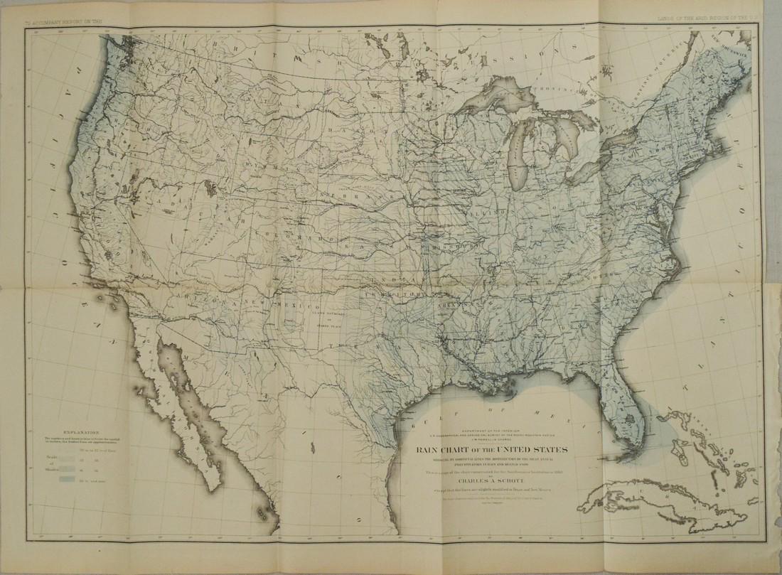 1879 Powell US Rain Chart Map -- Rain Chart of the United States Showing by Isothermal Lines the: Title: 1879 Powell US Rain Chart Map -- Rain Chart of the United States Showing by Isothermal Lines the Distribution of the Mean Annual Precipitation in Rain and Melted Snow Cartographer: J W Powell /