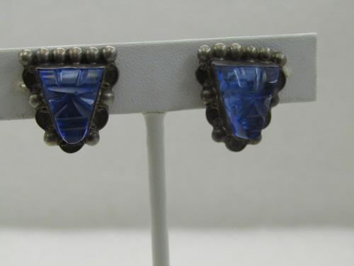 Vintage Sterling Blue Glass Mask Earrings, Plata Mexico, Screw Back: Vintage Sterling Blue Glass Mask Earrings, Plata Mexico, Screw Back. 6.70 gr., and appx. 7/8" tall and 3/4" wide. Blue glass carved design, triangular shaped. 1960's-1970's. Marked .925 and signed Pla