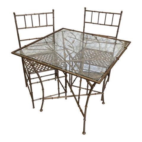 1990s Phyllis Morris Style Bamboo Outdoor Dining Set: Beautiful Phyllis Morris style bamboo petite outdoor dining set with glass top. Perfect seating for any space and for the interior designer. Chairs measures 36 inches in height by 16 inches wide by 17