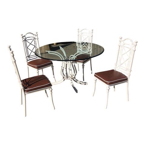 1970s White Phyllis Morris Style Metal Bamboo Dining Furniture - Set of 6: Absolutely gorgeous white metal Bamboo Set with four chairs and one table and glass top. Everything is in beautiful condition, very sturdy and chairs in great condition as well. Dimensions 15ʺW &