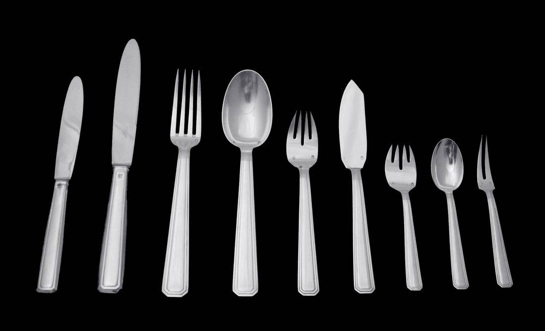 H.B. - ART DECO 107pc. ANTIQUE FRENCH 950 STERLING SILVER FLATWARE SET + CHESTS. 1920s: Origin: France Date/Period: 20th Century Silver Purity: 950 Size: 107 pcs. Hallmarks: Minerva 1 Additional Information: Direct from Paris the Birth place of Art Deco, A Gorgeous "Gatsby Era" 107pc. Or