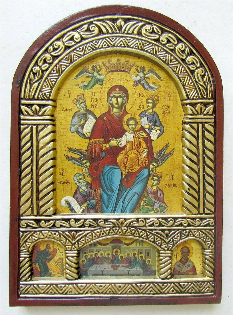 GREEK BYZANTINE STYLE ORTHODOX ICON on WOOD of VIRGIN w/ OLD TESTAMENT SAINTS: GREEK BYZANTINE STILE ORTHODOX ICON on WOOD of VIRGIN w/ OLD TESTAMENT SAINTS: KING DAVID, KIND SOLOMON, ST. DANIEL, and St. ISAAC THE SYRIAN New, not an antique. Size 5 3/4 x 8" Perfect condition. Re