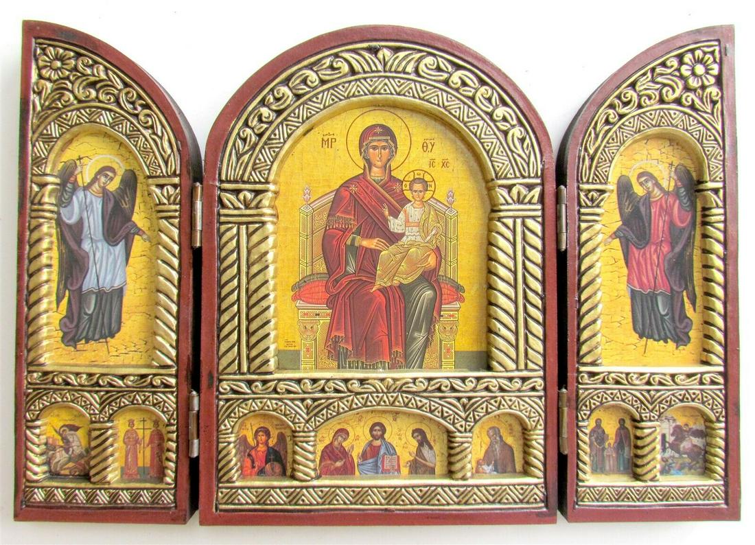 GREEK ORTHODOX ICON wooden TRIPTYCH Byzantine style MOTHER OF GOD & ANGELS: New, not an antique. Size when open 11 3/4 x 8" Perfect condition. Reserve: $53.00 Shipping: Domestic: Flat-rate of $25.00 to anywhere within the contiguous U.S. International: Foreign shipping r