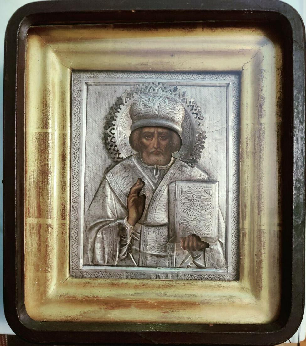 ANTIQUE 19c 84 SILVER RUSSIAN ICON OF ST.NICHOLAS & KIOT: FINELY STUNNING RUSSIAN ANTIQUE 19C 84 SILVER ICON OF ST.NICHOLAS . SIZE ;H : 10 x 8 3/4 INCHES (25,5 x 22 cm). Reserve: $895.00 Shipping: Domestic: Flat-rate of $40.00 to anywhere within the contiguo