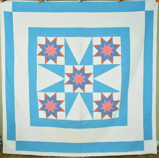 40's Star Of Bethlehem Quilt, Nice Blue: This unusual cotton 40's star of Bethlehem quilt is hand pieced and hand quilted, with an unusual design, likely Amish or Mennonite. It measures 82" X 82" and is in excellent condition, with the