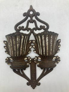 Match Holder, Cast Iron Double Vase Pat. 1867, Striker Plate: Title: Match Holder, Cast Iron Double Vase Pat. 1867, Striker PlateDate/Period: approx late 1800's to early 1900'sDimension: Approx: 5" wide, 8" tall and 1" deep.Materials: cast ironAdditional