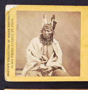 Chippewa Indian Chief, " Big Dog " Martins Art Gallery, Minn. 1870s: This is an original stereo view of " Big Dog" a Chippewa Indian Chief, who aas photograpged by the Martin Art Gallery in Minnesota, in the 1870's. We have slso listed in our liveauctioneers store