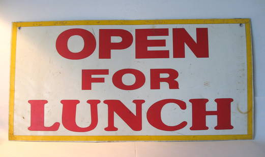Vintage Tin Cape Cod Restaurant Sign: Title: Vintage tin Cape Cod restaurant sign.Provenance/Additional Info: Nice vintage tin restaurant sign from Cape Cod. "Open for Lunch". All original condition.Dimensions: 24" x 12"Circa: 1950's -