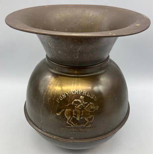 Vintage Pony Express Brass Cuspidor Chewing Tobacco Cut Plug Spittoon: Title: VINTAGE PONY EXPRESS BRASS CUSPIDOR CHEWING TOBACCO CUT PLUG SPITTOONDate/Period: Dimension: APPROX: 10" height 9 1/2 diameterMaterials: BRASSAdditional Information: Vintage Pony Express Brass