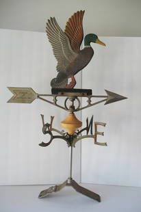 Vintage Mallard Duck Weather Vane: Title: Vintage Mallard Duck weather vaneProvenance/Additional Info: Nice vintage cast metal Mallard Duck weather vane in great all original paint & condition. The weather vane arrow is marked