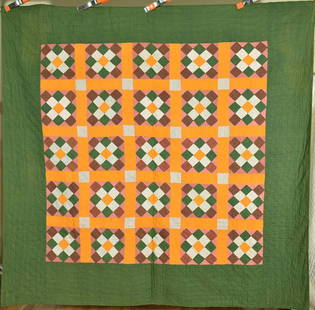 Large 1870's 25-patch Quilt: Cotton 1870's 25-patch quilt, all hand pieced and hand quilted, with a solid cheddar background and green calico border. It measures a generous 80" X 80" and is in excellent condition, with the