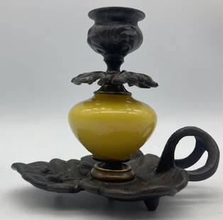 Antique Cast Iron Victorian Amber Glass Finger Lamp Leaf Base: Title: Antique CAST IRON VICTORIAN Amber GLASS FINGER LAMP Leaf BaseDate/Period: approx early 1900'sDimension: approx 4.5 x 4Materials: mixed materialsAdditional Information: CAST IRON VICTORIAN