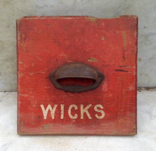 19thc Country Store Drawer Front: Title: 19thc country store drawer frontProvenance/Additional Information: Original bittersweet paint and cast iron pull. "WICKS". A nice item to hang on the wall. There are some mouse chews on the