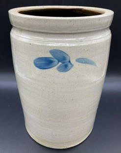 Antique Stoneware 1.5 Gal. Crock With Cobalt Blue Decorations: Title: ANTIQUE STONEWARE 1.5 GAL. CROCK WITH COBALT BLUE DECORATIONSDate/Period: APPROX EARLY 1900'SDimension: APPROX 9.5 X 6.5"Materials: StonewareAdditional Information: ANTIQUE STONEWARE I BELIEVE