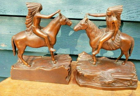 American Indian On Horseback Rare Bookends Jb: Great looking pieces in excellent condition. Not sure of exact date. Beautiful patina. 8" tall. shipping cost. Shipping costs include insurance. Shipping:Domestic: Flat-rate of $27.00 to anywhere