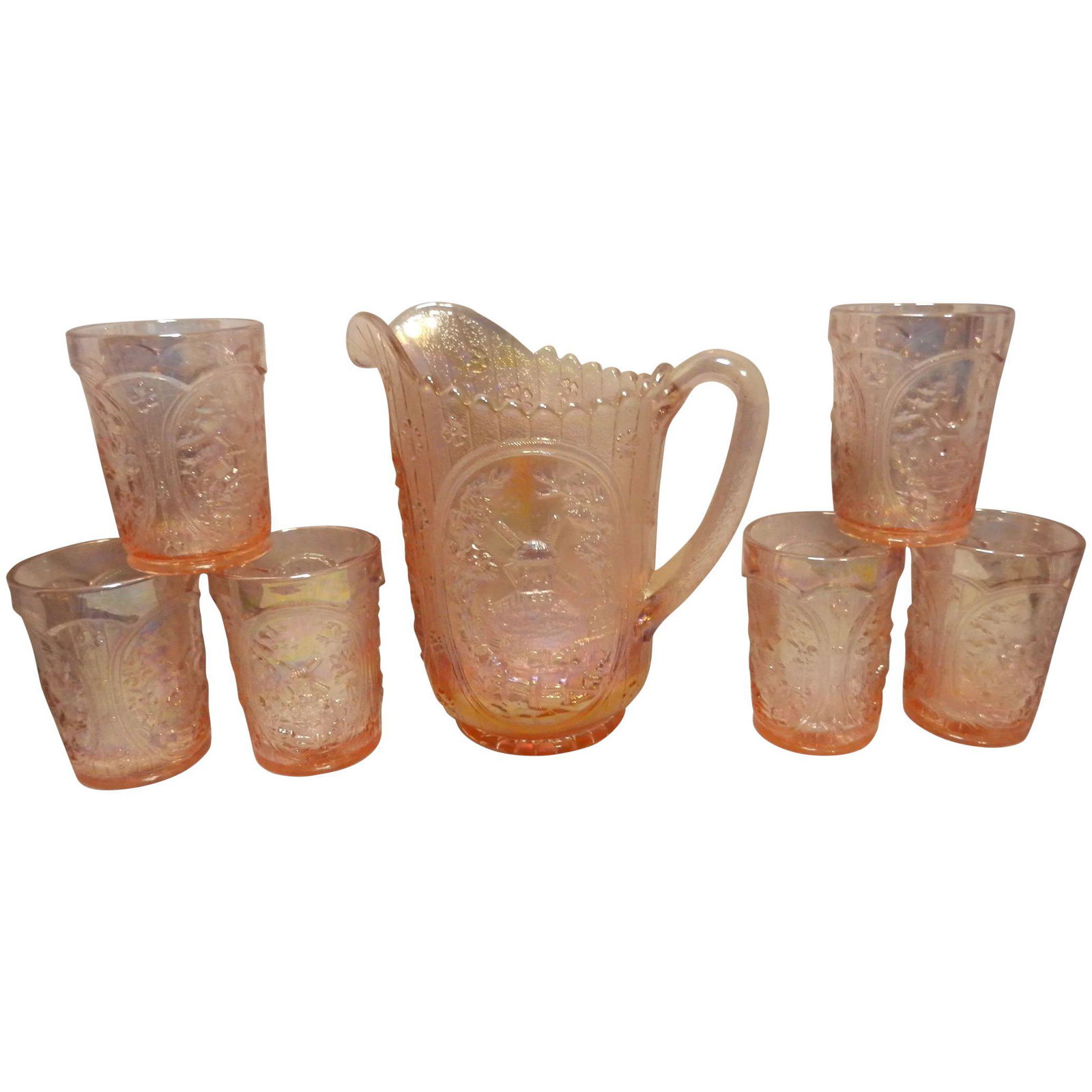 Vintage Mcm Imperial Glass Iridescent Pink Carnival Windmill Pitcher And Tumbler Set -7 Piece Set - (1 of 15)
