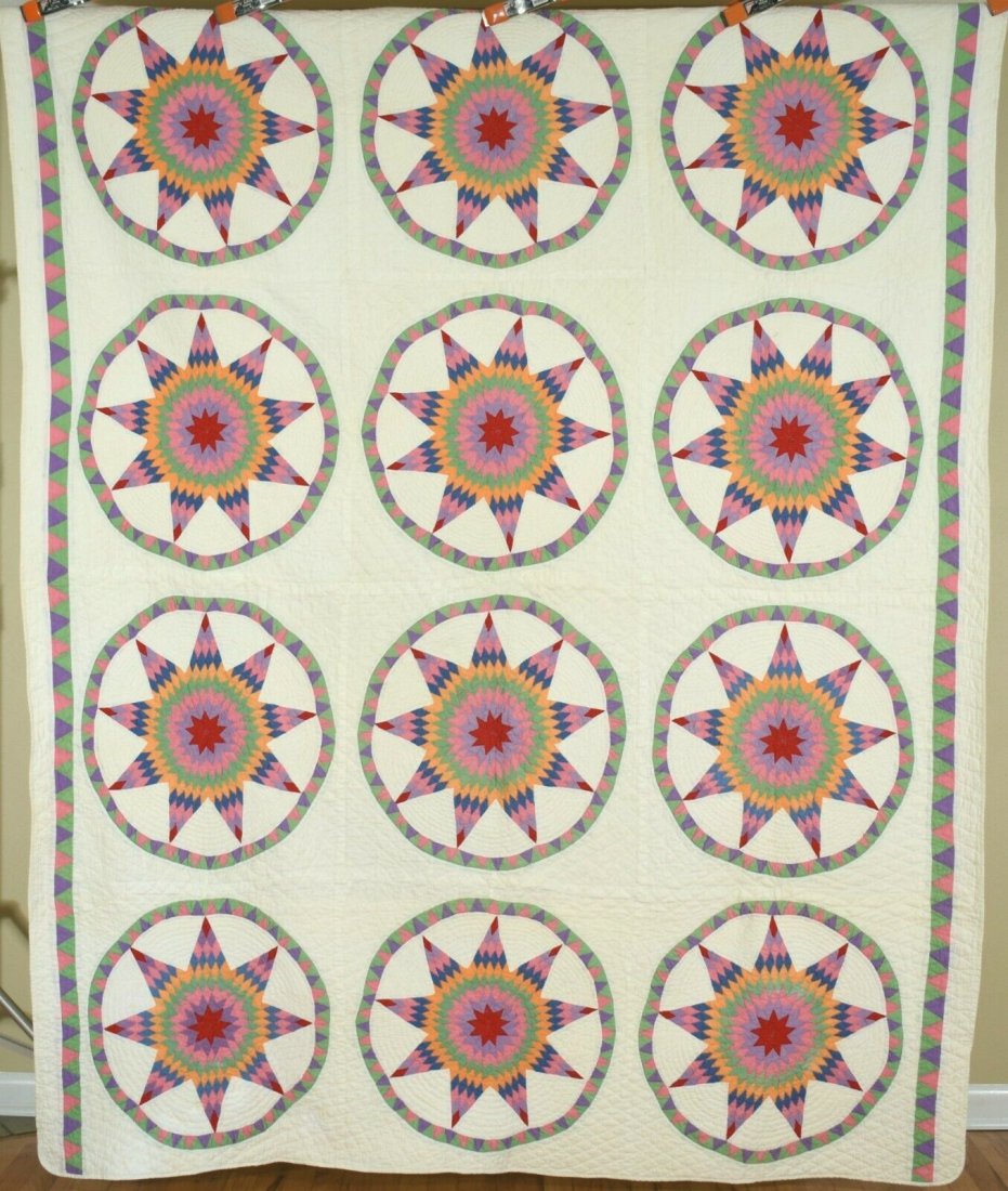 Vintage 30's 9-Pointed Star Wheel Antique Quilt - Sawtooth Borders (1 of 7)