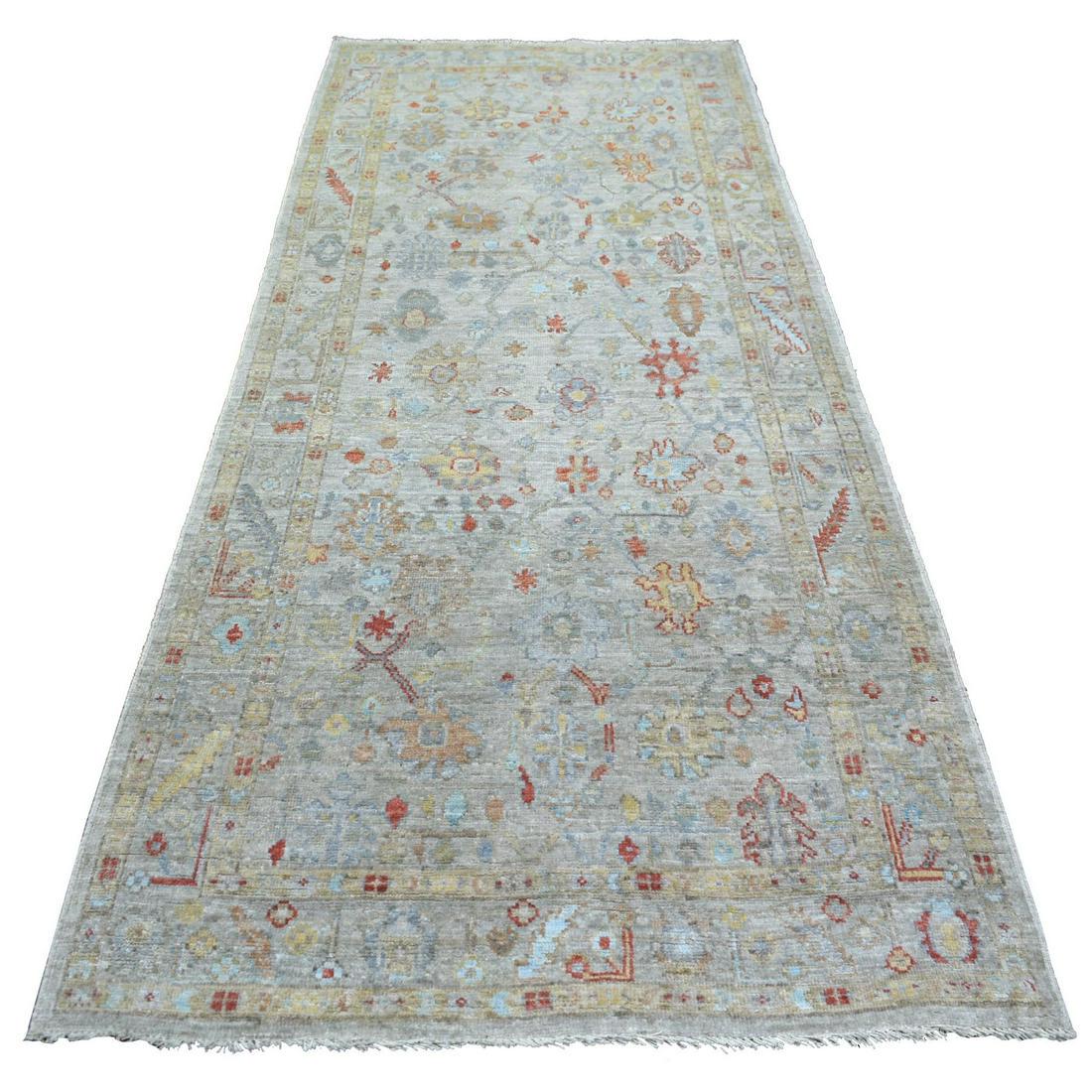 Gray Hand Knotted Angora Oushak Colorful Leaf Design Wool Runner Rug (1 of 6)