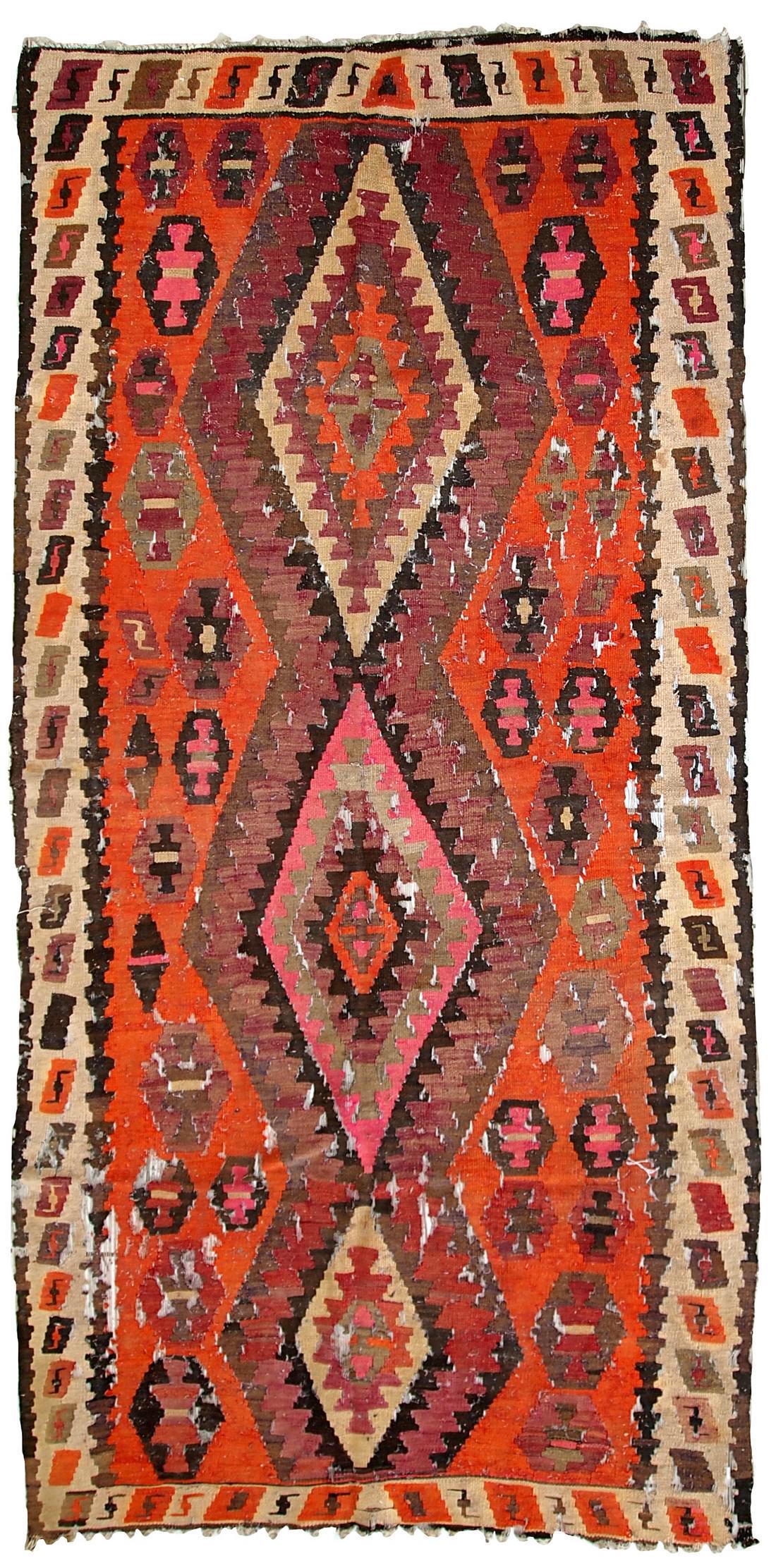 Handmade antique Afghan distressed kilim 4.1' x 8.5' (127cm x 260cm) 1900s (1 of 12)