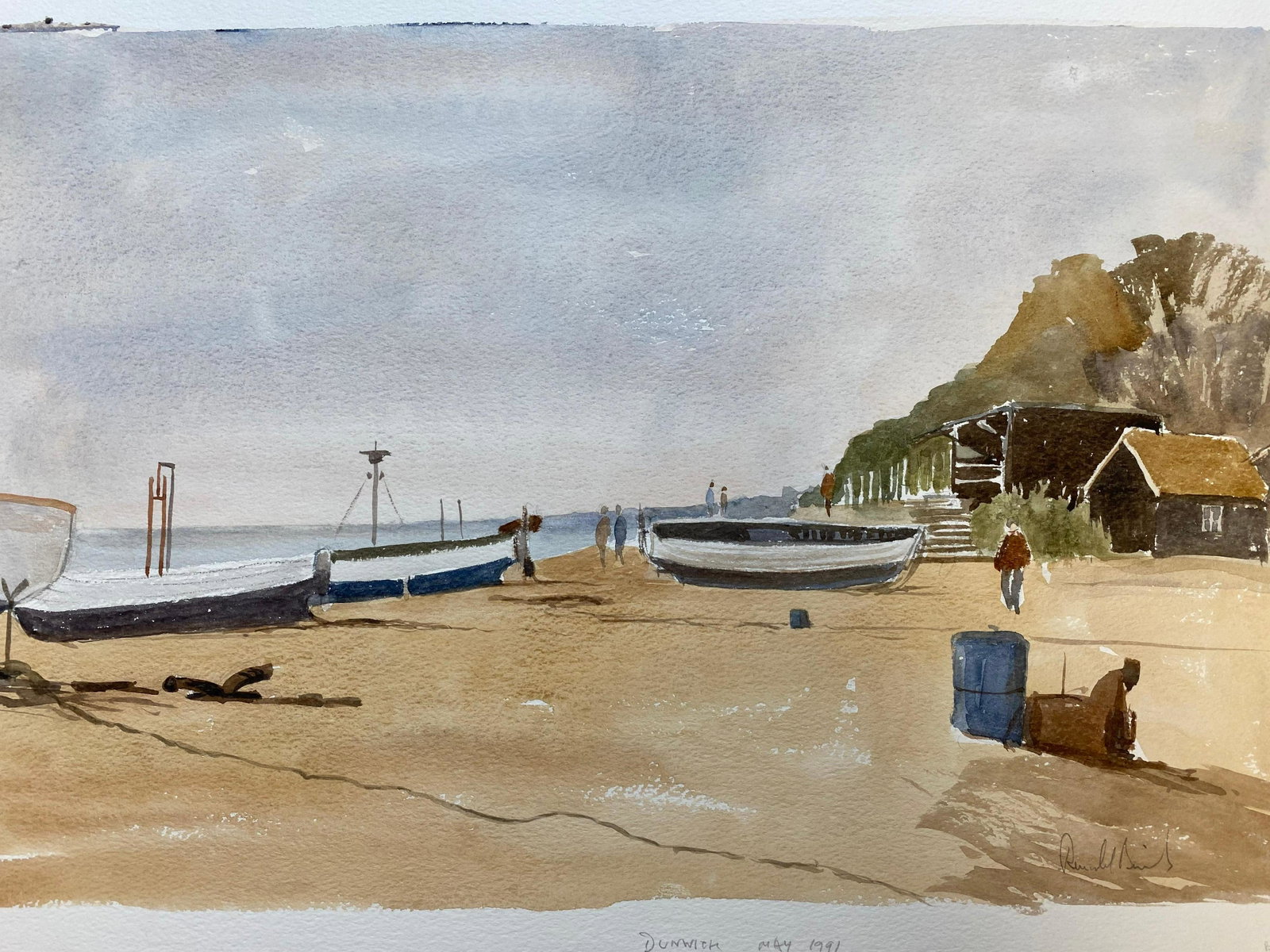 Dunwich Beach Suffolk signed original British watercolour painting c. 1970's: Dunwich by Ronald Birch, British circa 1970's watercolour on art paper, unframed overall paper measures: 15 x 22 inches signed lower corner *FREE SHIPPING ON THIS PAINTING*: AMERICAN, EUROPE & UNITED 