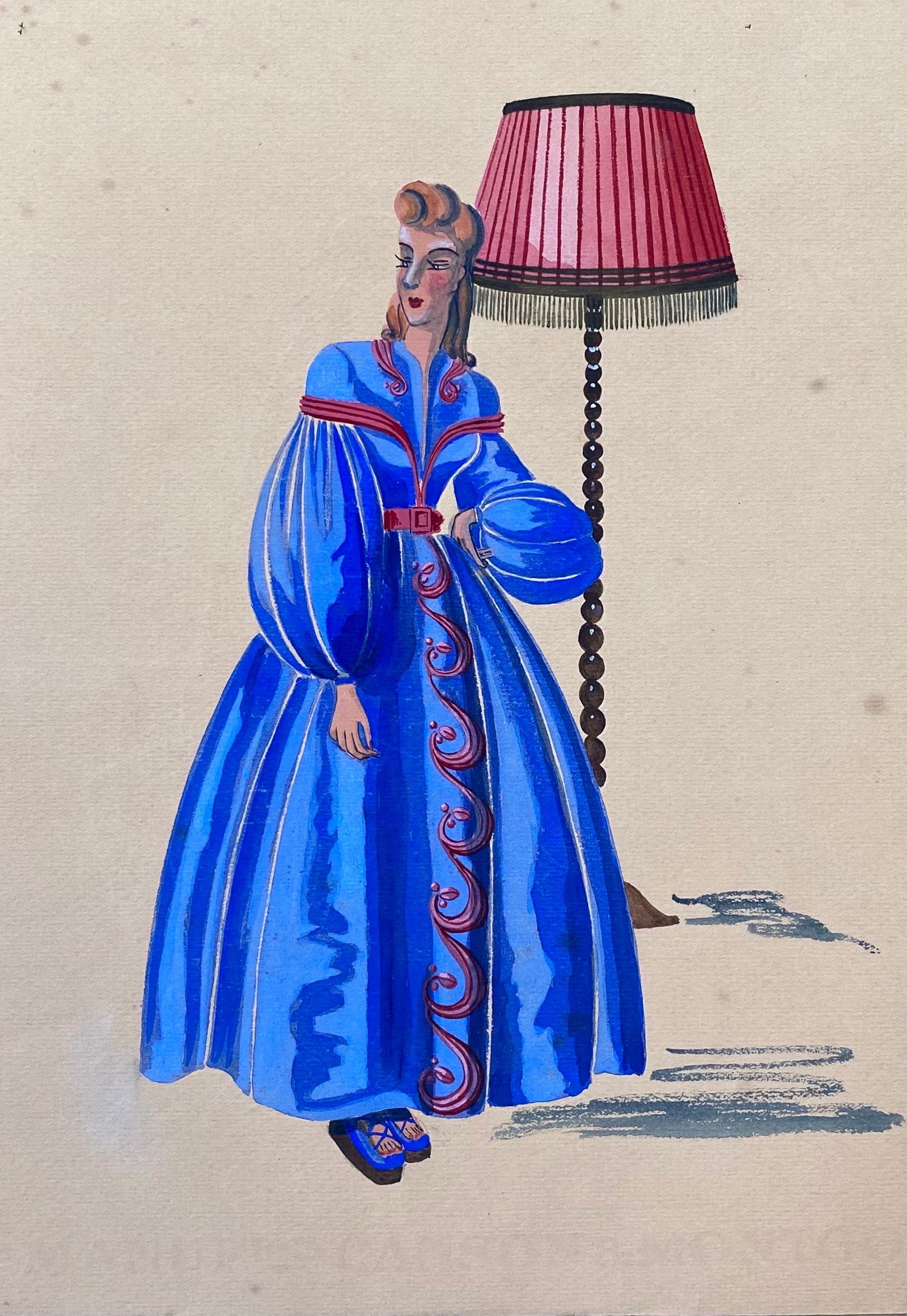 1940's Fashion Illustration - Lady In Bright Blue Puffy Dress, Interior Scene c. 1940's: Very stylish, unique and original 1940's fashion design by French illustrator Geneviève Thomas. The painting, executed in gouache and pencil, double sided. The sketch is original, vintage and mea