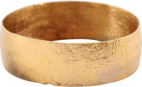 VIKING WOMAN'S WEDDING RING, 850-1050 AD, SIZE 5 1/2: Late 9th-early 11th century AD. Gilt bronze, size 5 1/2 for the small finger as was the custom. Broad 5.4mm, of low rounded form. Professionally refurbished with the 24karat gold overlay restored. See