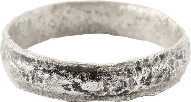 VIKING WEDDING RING, LATE 9TH-EARLY 11TH C.AD, SZ 9 1/4: Late 9th-early 11th. Silvered bronze, size 9 1/4. Broad 4.9mm band, with rounded medial and raised edges resulting in an attractive triple band effect. Surface worn from its time of use and slightly t