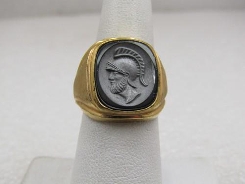 Vintage 10KT G.F. Hematite Roman Soldier Intaglio Ring, Sz. 7, Signed (1 of 8)