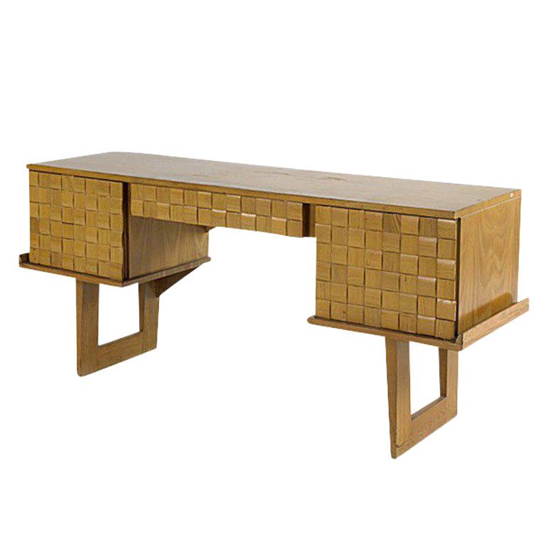 Paul Laszlo Bleached Oak "Basket Weave" Desk for Brown Saltman: Title: Paul Laszlo Bleached Oak "Basket Weave" Desk for Brown Saltman Description: Paul Laszlo's (1900-1993) stunning bleached oak desk for brown saltman features basket weave drawer fronts and modern