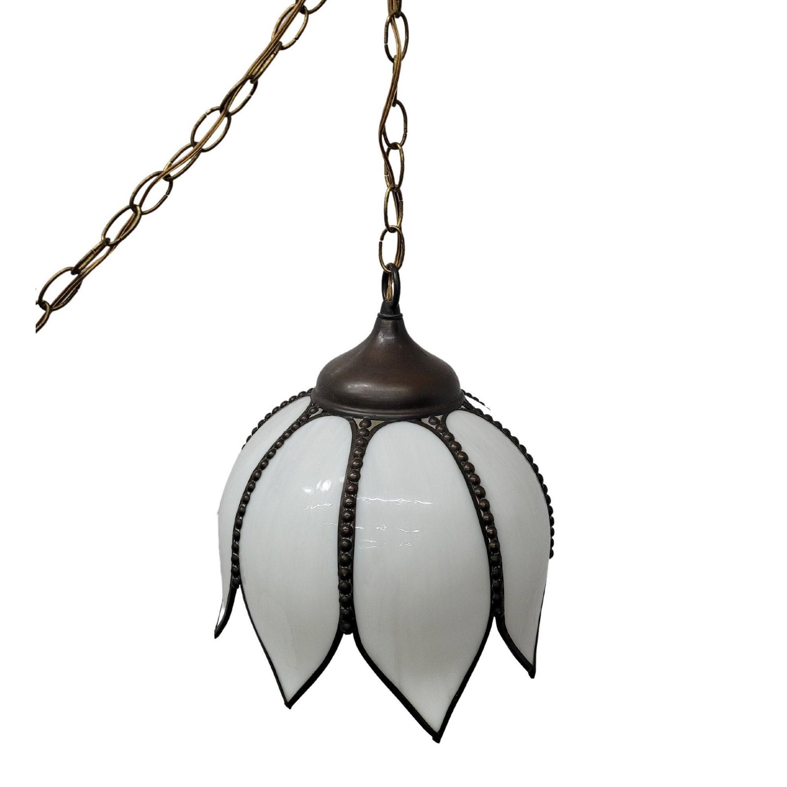 Mid Century White Tulip Swag Lamp Vintage Hanging Light Plug in Art Glass Metal Trim: Vintage from the 1960s Materials: Glass, metal Width: 10 inches Height: 10 inches Depth: 10 inches Description Mid Century White Tulip Swag Lamp Vintage Hanging Light Plug in Art Glass Metal Trim In g