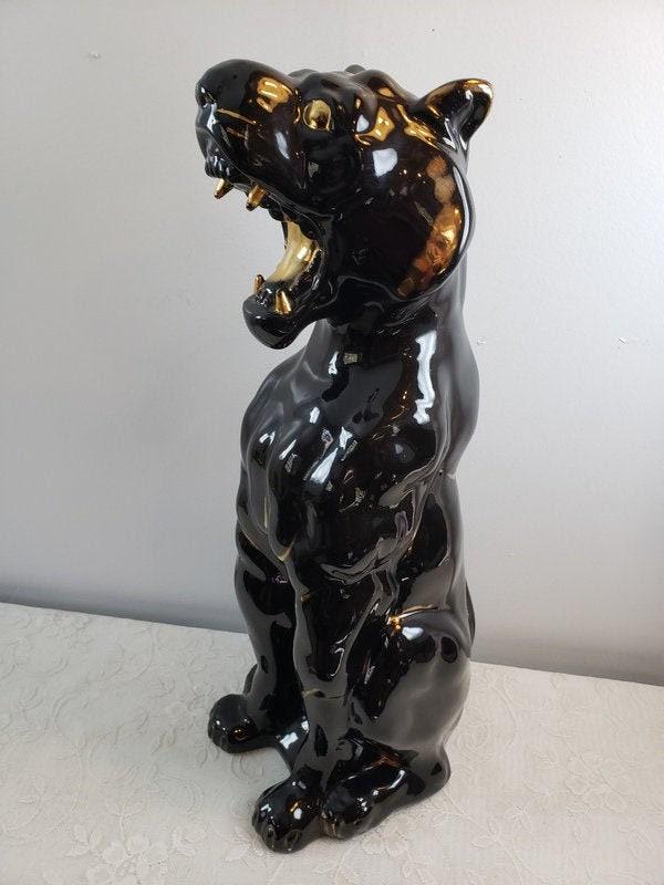Large Vintage Ceramic Sculpture Mid Century Modern Black Panther Tiger Cat Floor Statue 26": Vintage from the 1950s Width: 9 inches Height: 26 inches Depth: 10 inches Description Vintage Ceramic Sculpture Mid Century Modern Black Panther Tiger Cat Statue 26" Tall Floor or Table Top Black Pant