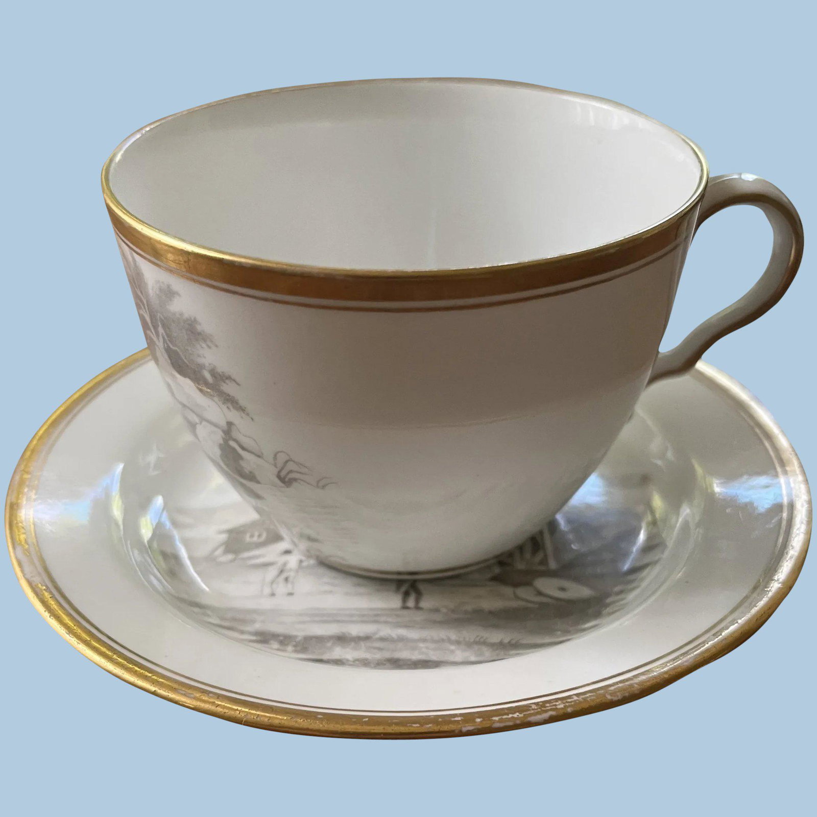1803-1820 Spode Bone China Cup and Saucer: Title: 1803-1820 Spode Bone China Cup and Saucer Description: This is a First Period Spode bone china teacup and saucer in pattern 557. The cup was made in the Bute shape and the exact decorations use