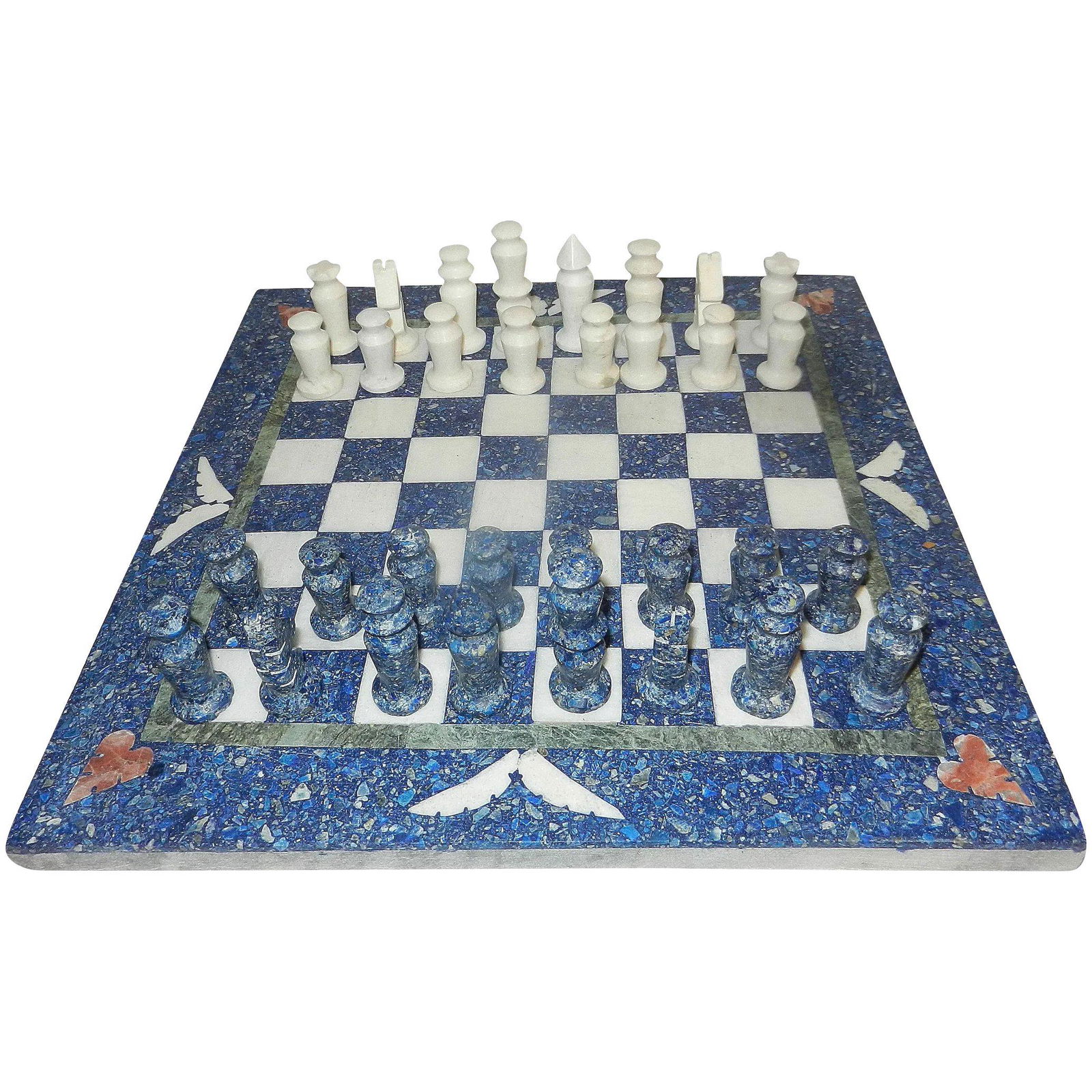 Vintage Hand Carved Stone Chess Set with Inlaid Stone Chess Board: This is a beautiful Vintage Hand Carved Stone Chess Set with Inlaid Stone Chess Board. I have not found or ever seen another like it. The chess pieces range in size from 1 ?” for pawns to 2 ?&rd