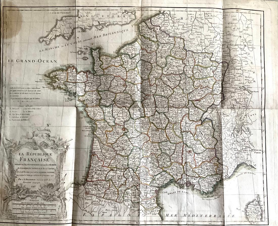 France. Important large format early post revolution map. 1794 by Vaugondy/ Delamarche: Title: France. Important large format early post revolution map. 1794 by Vaugondy/ Delamarche Date/Period: 1794 Materials: Hand colored copper plate engraved. Size: 25 x. 20” The revolutionary w