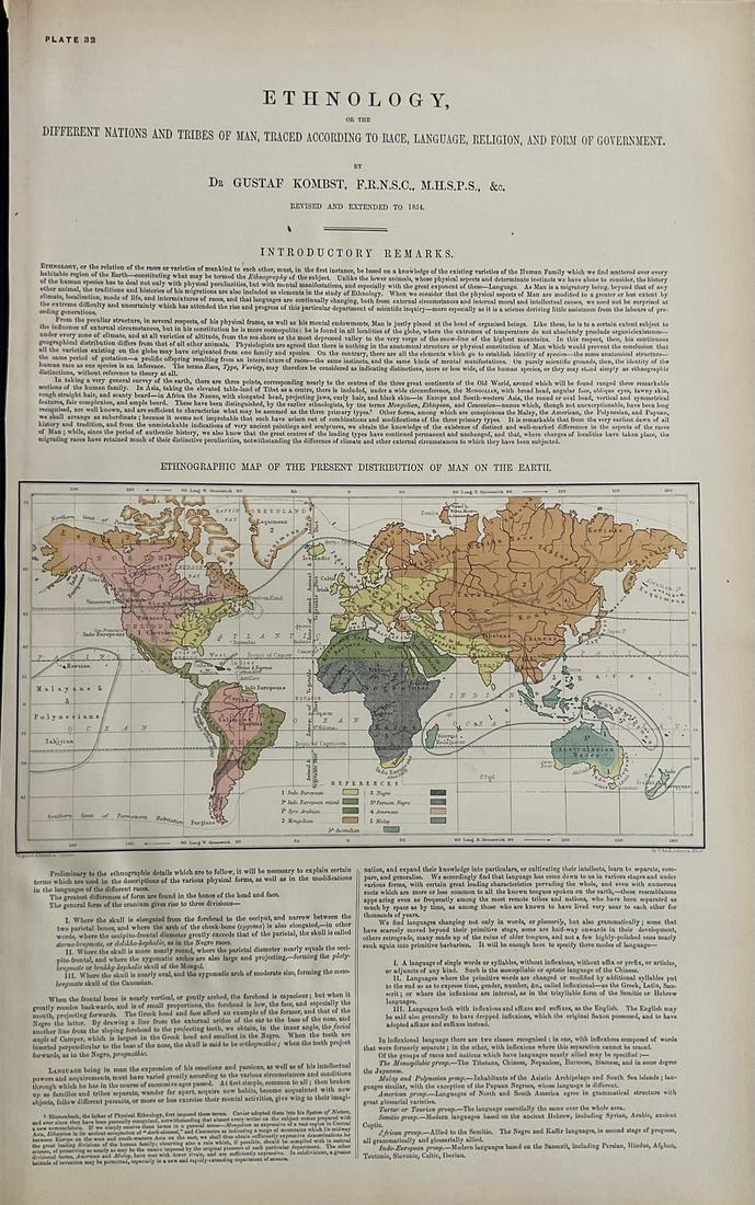 Ethnographic Map of the World. 1856 by K. Johnston: Title: Ethnographic Map of the World. 1856 by K. Johnston Date/Period: 1856 Materials: Lithographic printing Size: Sheet Size. 22 x 13” / Map size 12 x 6 1/2” 1856. By Alexander K. Johnsto