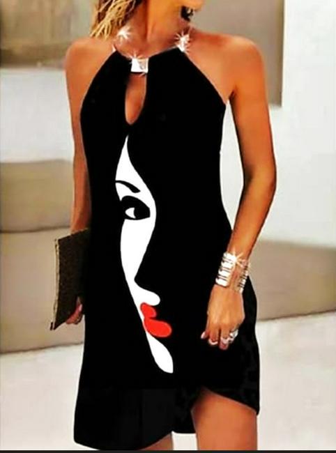 Vtg Summer Mini A Line Dress Face Print Crew Neck with Gold Metal wide Chocker Neck closure (1 of 5)