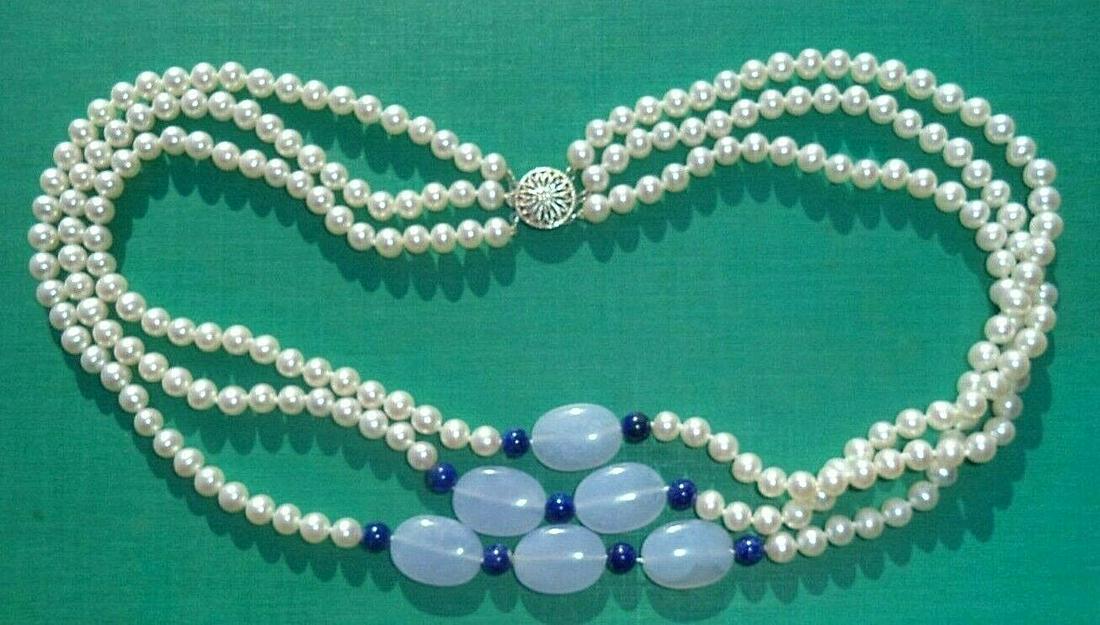 fine triple strand purple jade lapis fresh water pearl bead necklace (1 of 3)