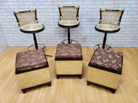 Mid Century Modern Arthur Umanoff Style Woven Rattan Swivel Bar Stools & Ottomans - 6 Piece Set (1 of 9)
