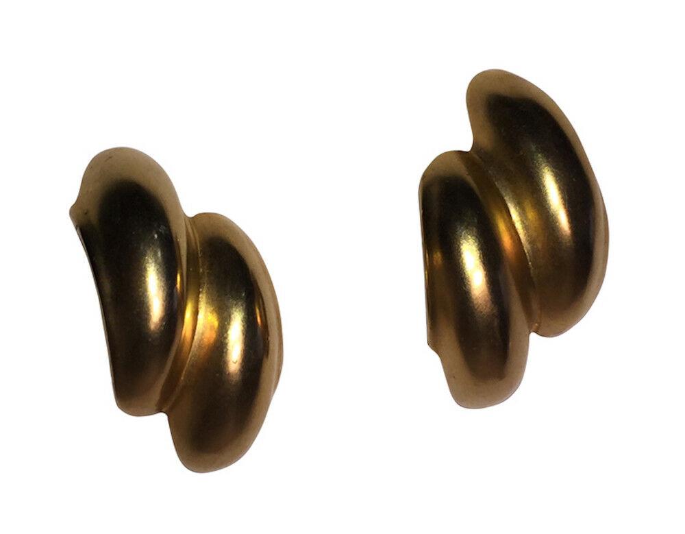 18 kt Gold Plated Matte Robert Lee Morris Double Hoop Earrings: Lovely artisan made Robert Lee Morris double half hoop earrings, made from costume metal with an 18 kt gold matte plating. Earrings measure 2" long and 1" wide. Clip on earrings. Marked on post and on
