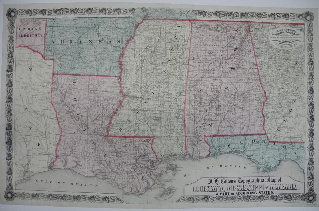 J. H. Coltonâ€™s Topographical Map of Louisiana, Mississippi and Alabama. & parts (1 of 11)