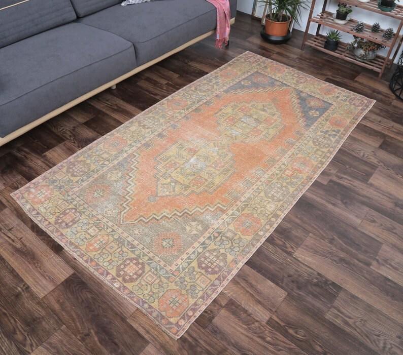 4x7 Turkish Antique Rug, Oushak Rug, Handmade Wool Rug,: Title: 4x7 Turkish Antique Rug, Oushak Rug, Handmade Wool Rug, Date/Period: 1960 - 1970 Origin: Turkey Dimension: 3.8x6.9 ft (115x210 cm) Materials: Wool and Cotton Provenance: This Turkish one-of-a-k