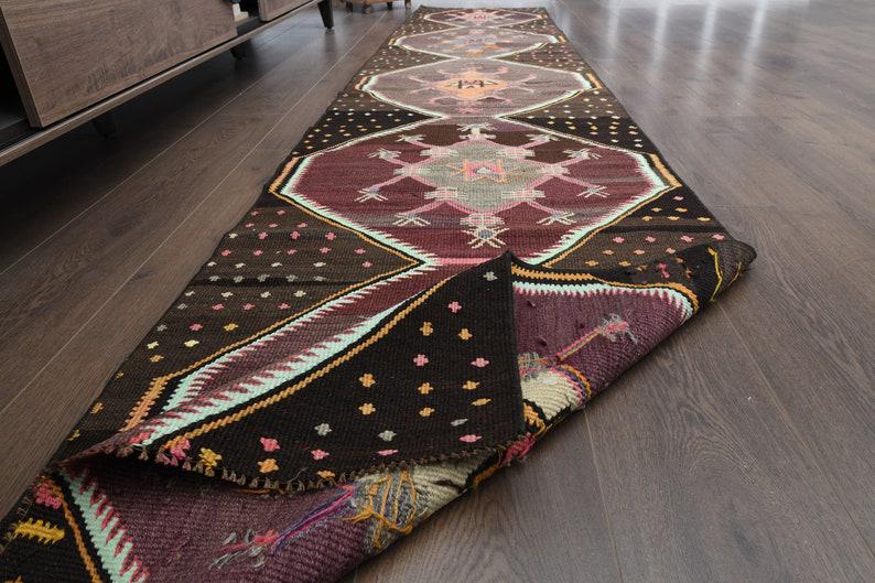 2'5x11'7 ft, BROWM, PINK TURKISH Kitchen Antique Runner Rug: Title: 2'5x11'7 ft, BROWM, PINK TURKISH Kitchen Antique Runner Rug Date/Period: 1960 - 1970 Origin: Turkey Dimension: 75x356=267 CM - 2'5x11'7 ft Materials: Wool and Cotton Provenance: This one-of-a-k