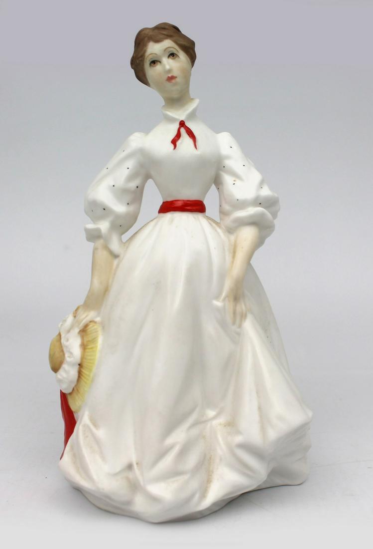 Royal Worcester Figurine Morning Walk: Title: Royal Worcester Figurine Morning Walk Description: Royal Worcester Figurine Morning Walk Royal Worcester. Made in England Morning Walk, red & white First quality black backstamp. Height: 18 cm
